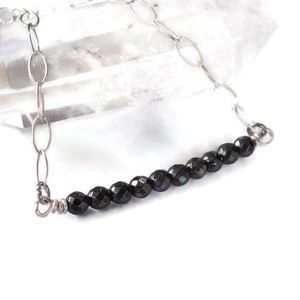 925 Sterling Silver Genuine Real Faceted Onyx Gemstone Bar Protection Necklace